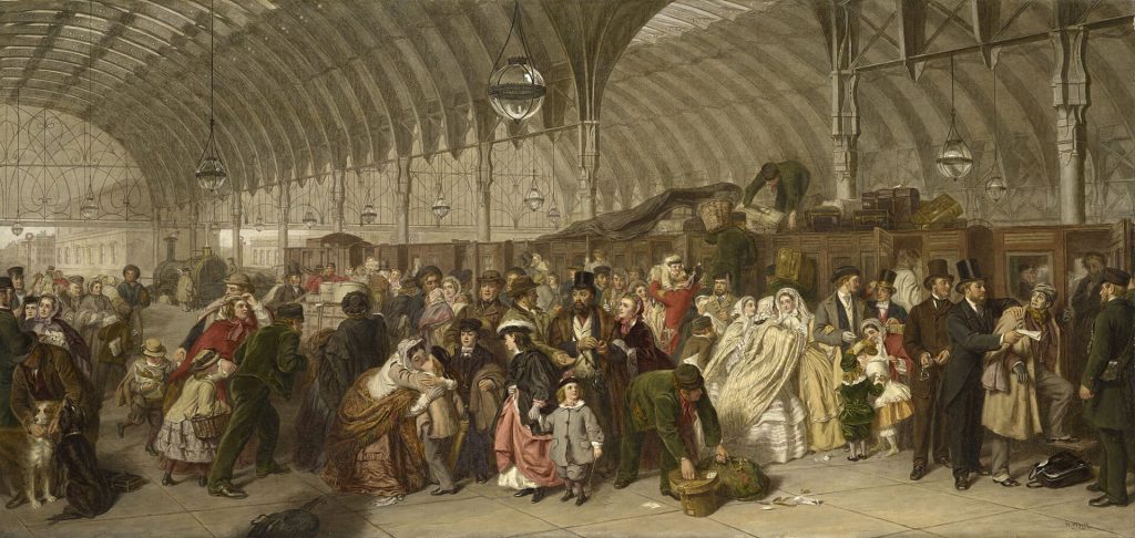 A painting of a busy London train station.